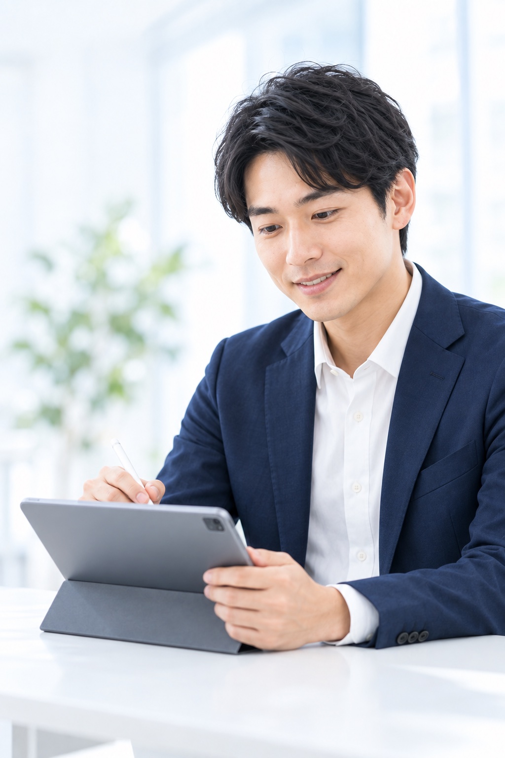 明るい室内でタブレットを使って学習する男性