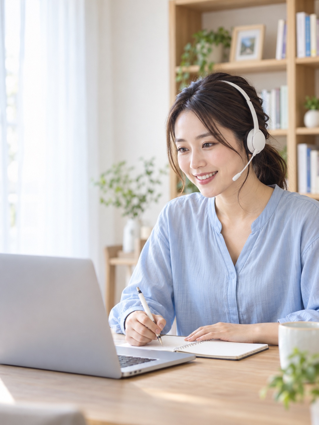 明るい自宅のデスクでヘッドセットを使い、オンラインで学びながらノートを取る女性