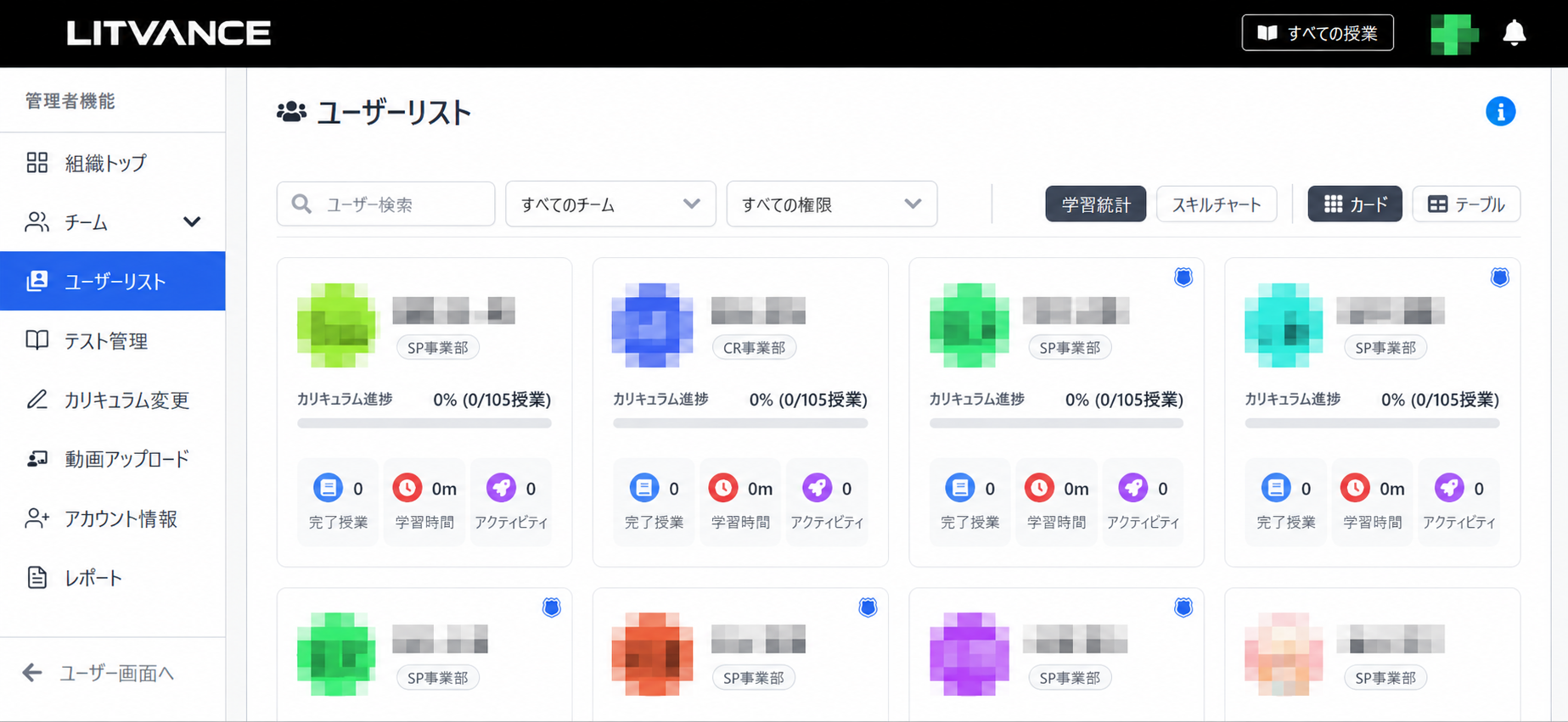 受講者のカリキュラム進捗を確認する管理画面（個人情報はモザイク処理済み）